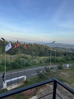 Restaurant balcony view of the road and mountains